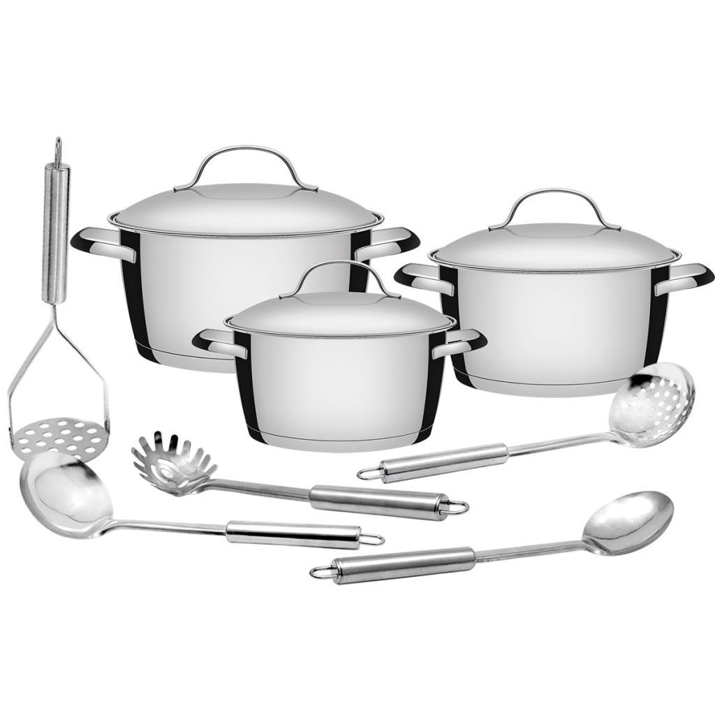Conjunto de Caçarolas Tramontina Allegra em Aço Inox e Indução 3 pçs com Utensílios em Inox 5 pçs em Oferta na Shopee