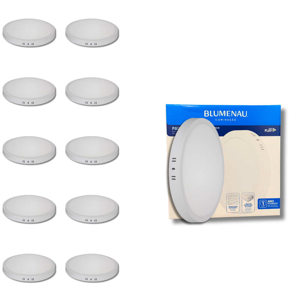 Kit 10 Painel Plafon Led Redondo Sobrepor 12w Play Blumenau Iluminação 6500k ou 4000k ou 3000k