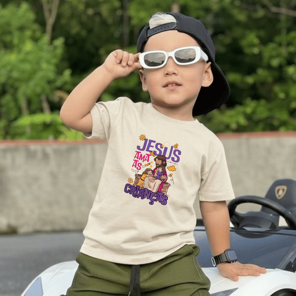 Camiseta Infantil Jesus Ama As Crianças Camisa 100% Algodão Estampa Religiosa