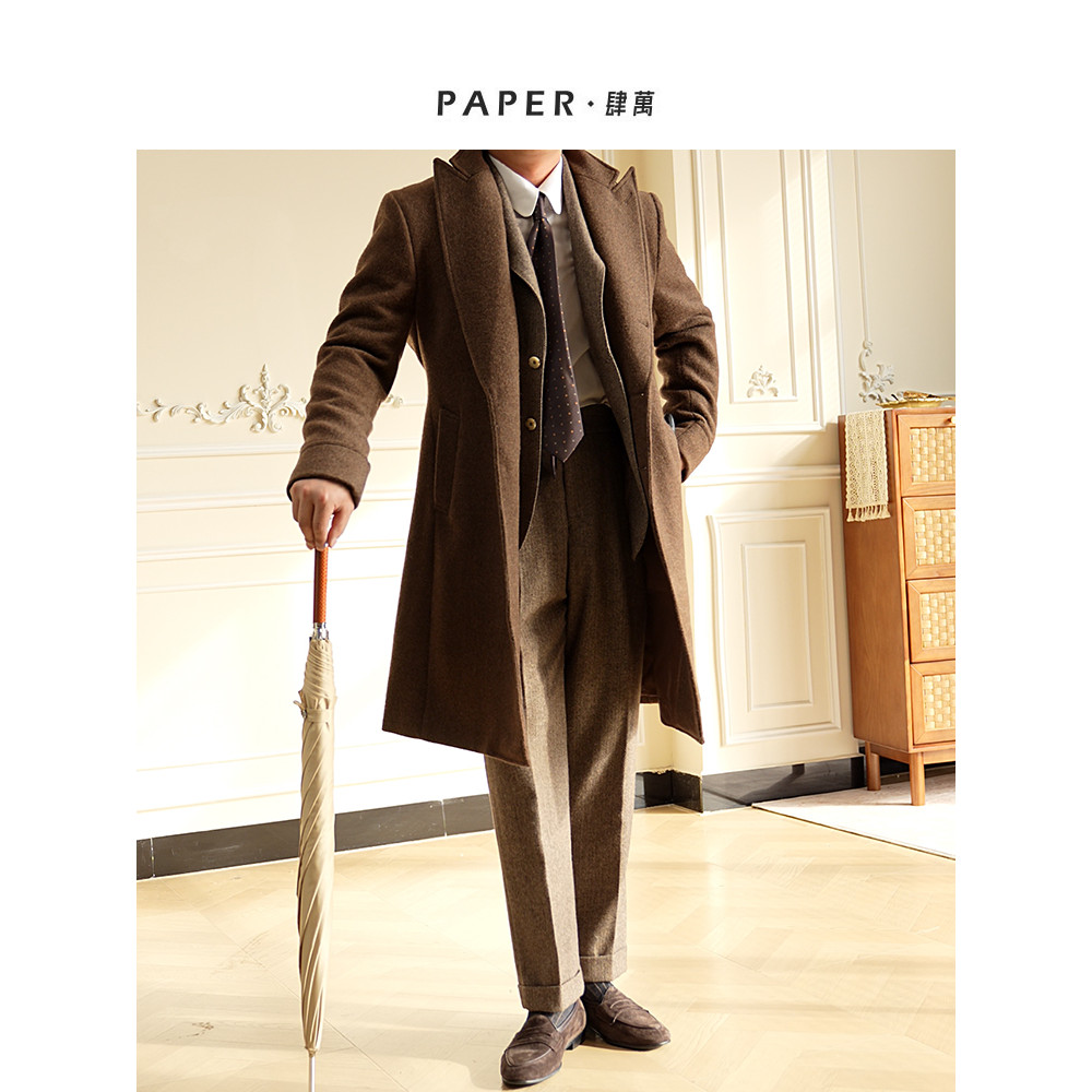 Inverno velho dinheiro estilo lã misturada casaco Polo de lã masculino Commuter única fileira casaco de comprimento médi