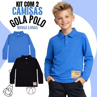 Kit Com 2 Camisas Gola Polo Menino De Manga Longa 100% Algodão Premium – Inverno em Oferta na Shopee