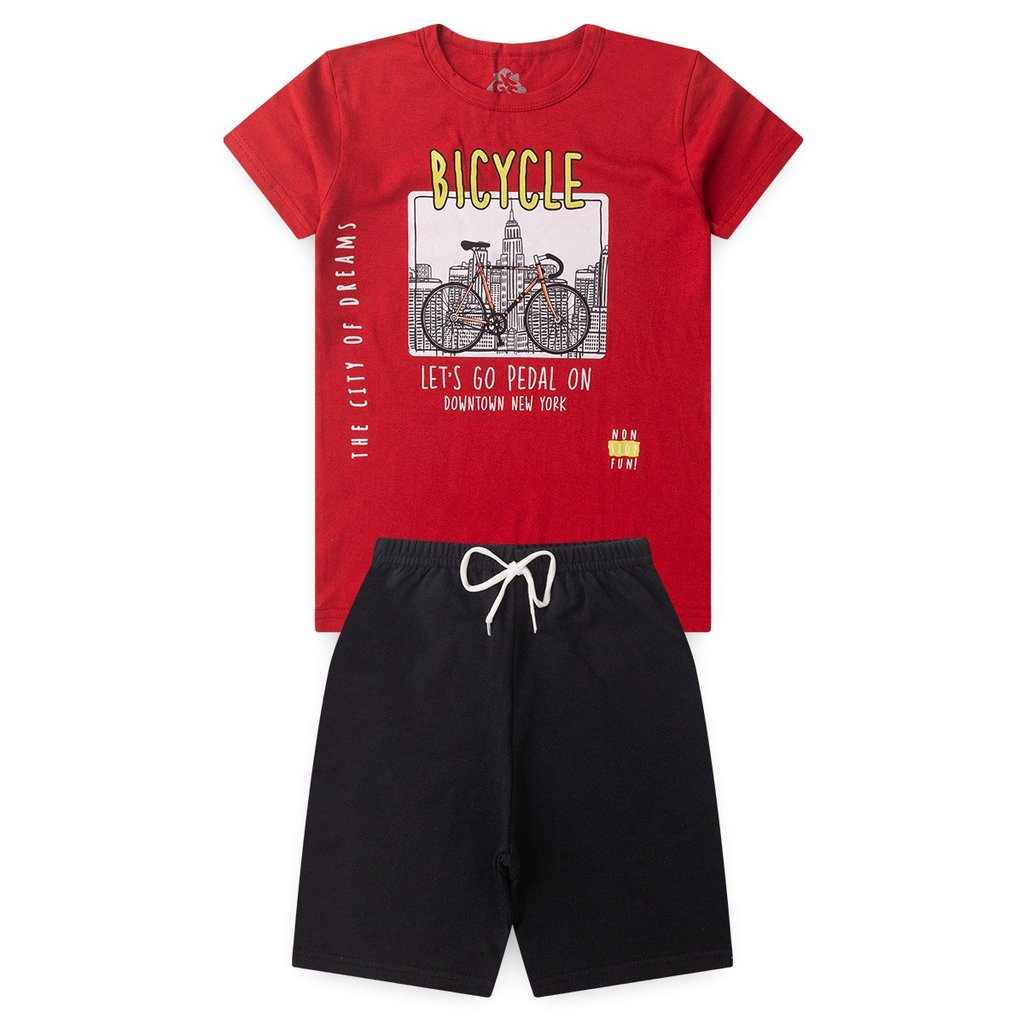 Conjunto Infantil Juvenil Verão Roupa Menino Camiseta Meia Malha Bicicleta Bermuda Moletinho - Conjunto Masculino