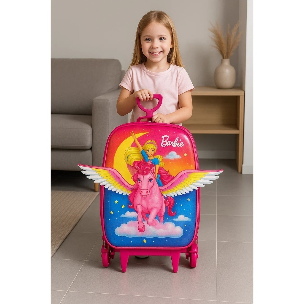 Mala Infantil Barbie Personagem Rosa Bolsa Asa Bagagem Viagem Leva Roupa Material Rodinha Mochila