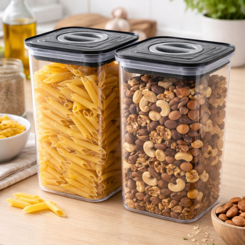 Kit 2 Potes Mantimento Quadrado Hermético 1,5L Tampa Preta Com Trava Giratória Vedação Silicone Empilhável em Acrílico