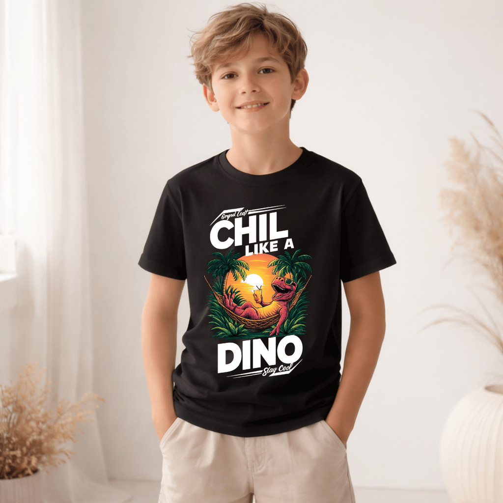 Camiseta Infantil e Juvenil Estampada Dino Rede Coqueiro 100% Algodão Premium Criança Personalizada Unissex Blusa Camisa