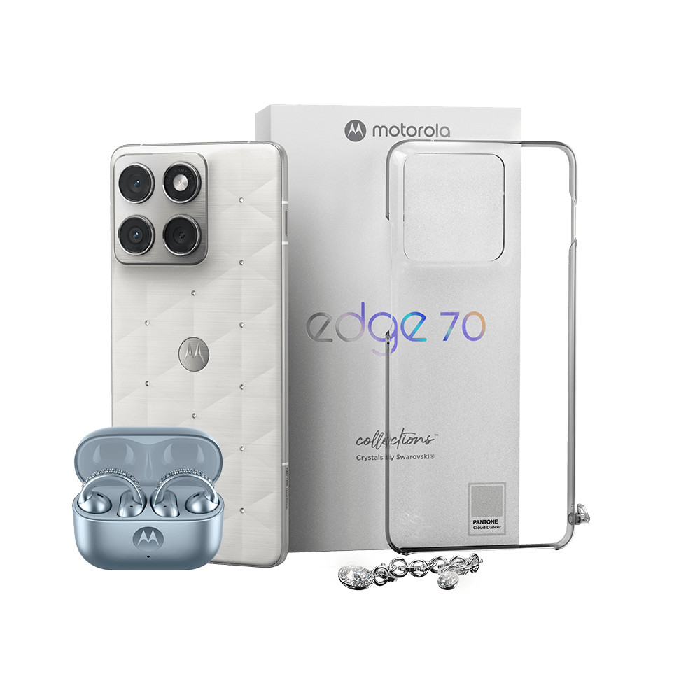 Kit Smartphone Motorola Edge 70 5G 512GB Swarovski + Capa protetora Edge 70 com pingente + Moto Buds Loop Ice Melt