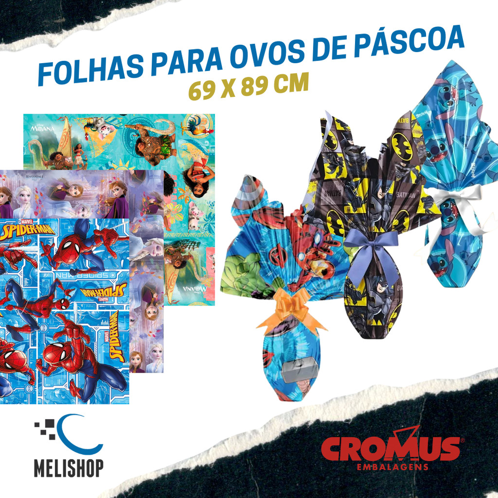 Kit 5/10/25 Folhas para Embrulhar Presente e Ovos de Páscoa Disney Batmam Stitch 69x89cm Cromus em Oferta na Shopee