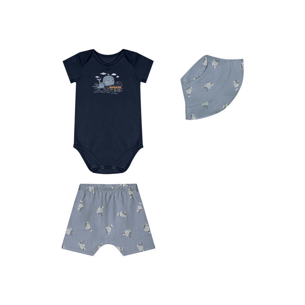 Kit Bebê Menino Estampado Com Chapéu Elian Azul em Oferta na Shopee