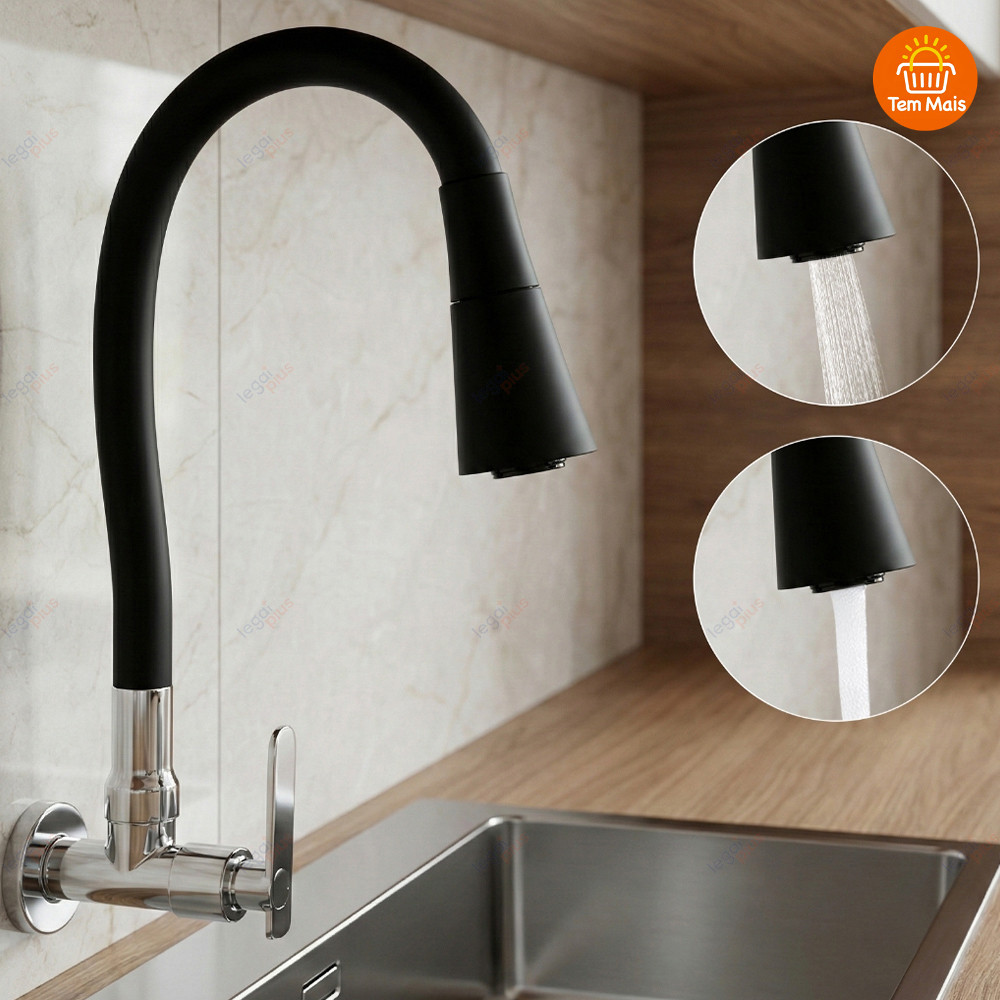 Torneira Cozinha Preta Parede Flexível Duplo Jato Cone 1/4 Volta