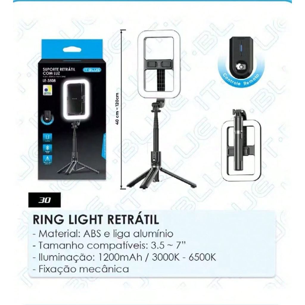 LED Ring light Retratil com tripe e controle remoto bluetooth V5.4 ,Luz e controle Recarregável