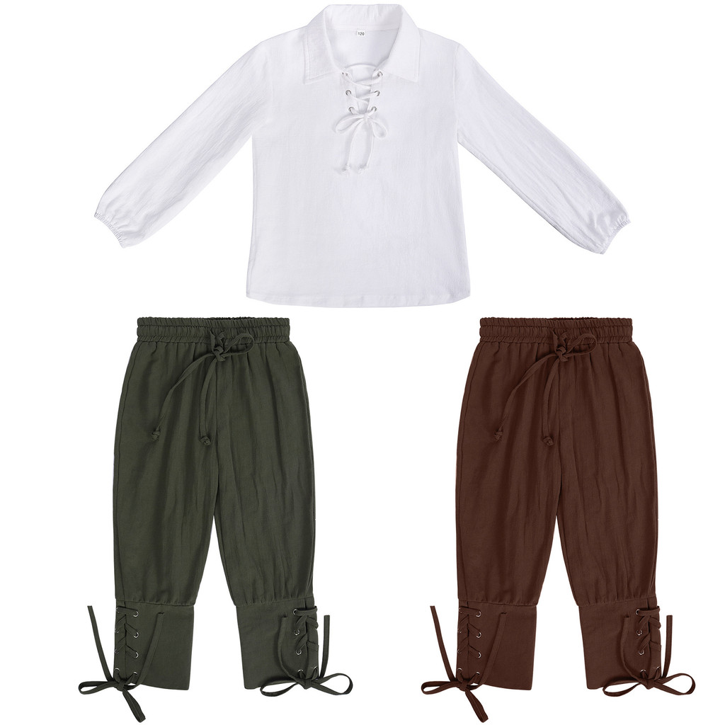 Crianças 110-150cm Conjunto De Traje De Cavaleiro Medieval Renascentista Cosplay Pirata Camisas Calças Para Festa De Hal