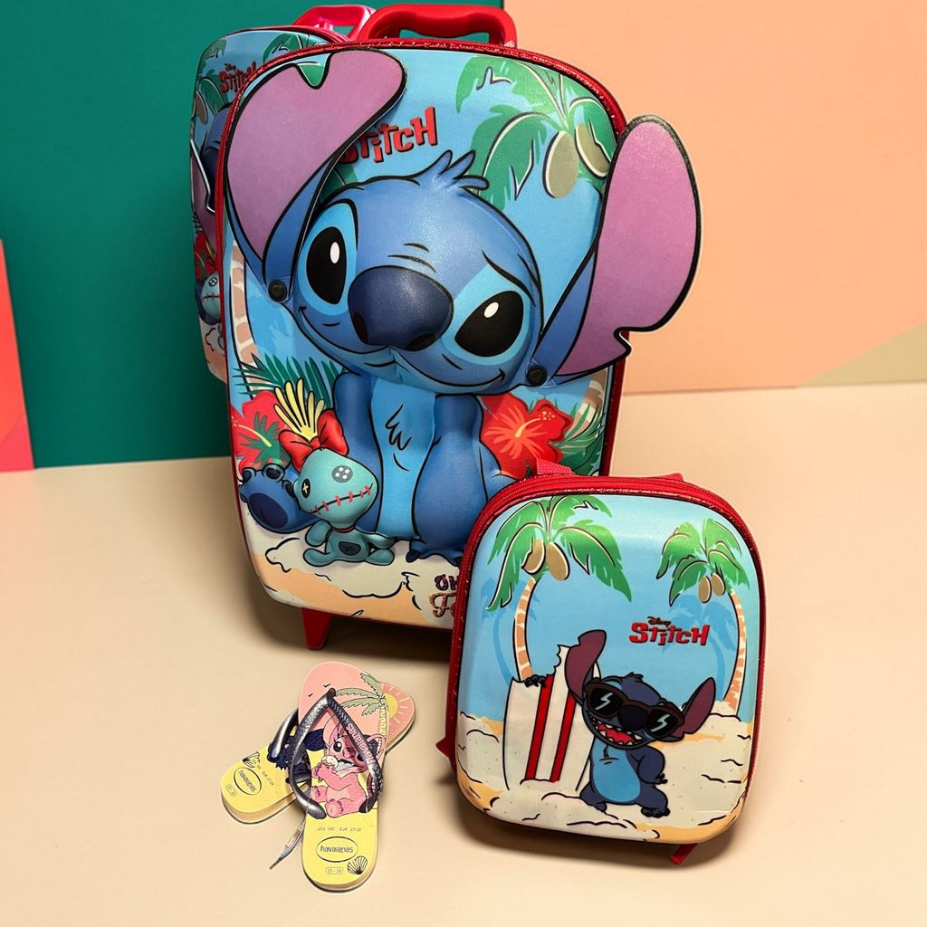 Kit Mochila 3d Stitch + Estojo + Chinelo Infantil
