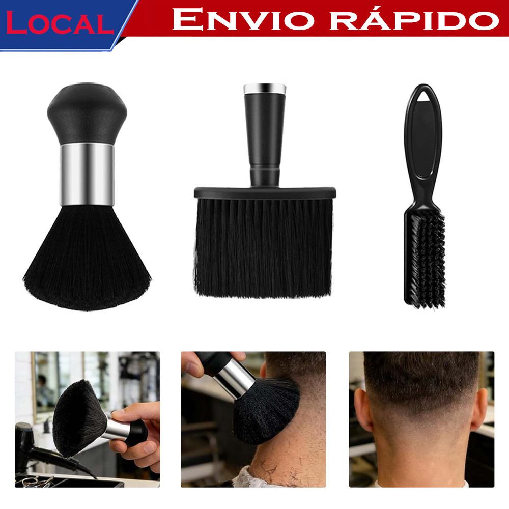 Kit 3 Peças Escovinha + Espanador + Pincel Profissional para Barba e Cabelo, Acessórios de Barbeiro