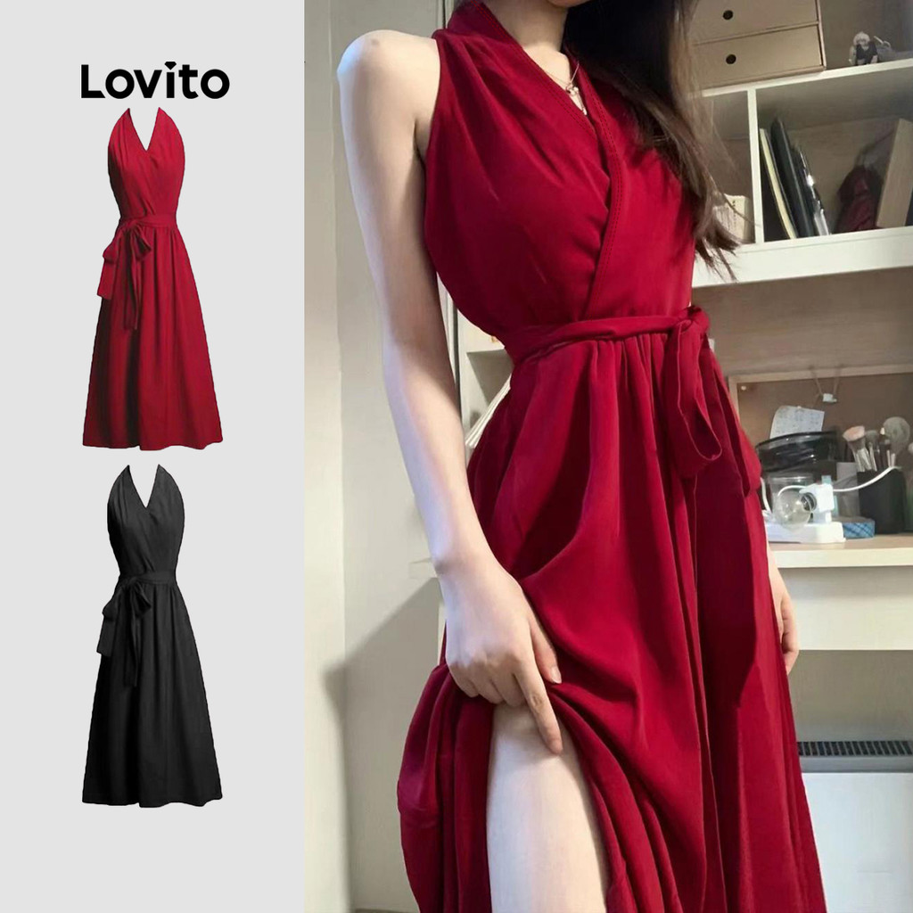Lovito Vestido Vermelho Feminino Casual com Amarração Primavera/Verão LNL130111