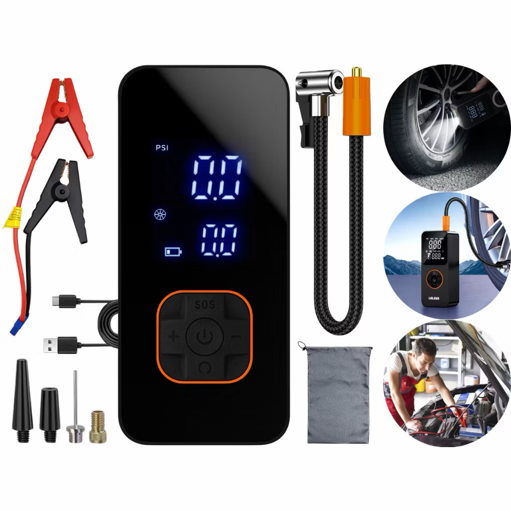 Bomba de Ar Portatil Compressor Inflator Multi-função 4 em 1 PowerBank 8kmah Bateria Calibrador de Carro Auto Pneu