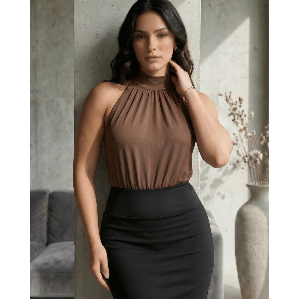 Body Feminino Regata Gola Colar Suplex Moda Evangelica Gringa Blogueira Luxo Elegante Blusa Casual