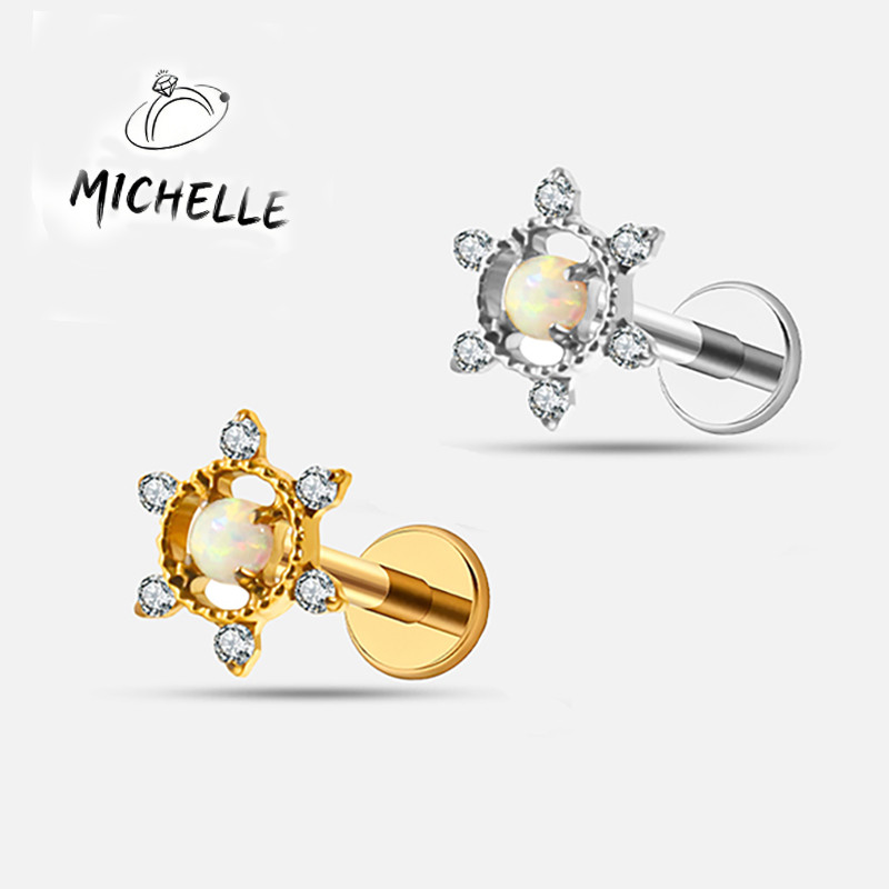 Piercing Labret Titânio Pvd Com 6 Zircônia Pedra Opala Redondo  Flor Para Helix Tragus Conch Boca De Orelha