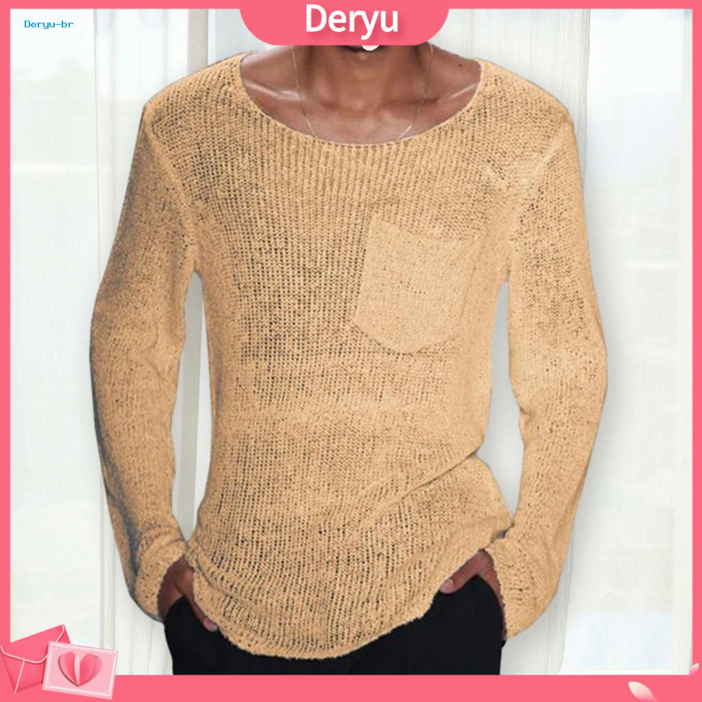 Men Sweater Men's Casual Hollow Out Knit Long Sleeve O-neck Pullover Lightweight Loose Fit Thin Style Solid Color for Sp