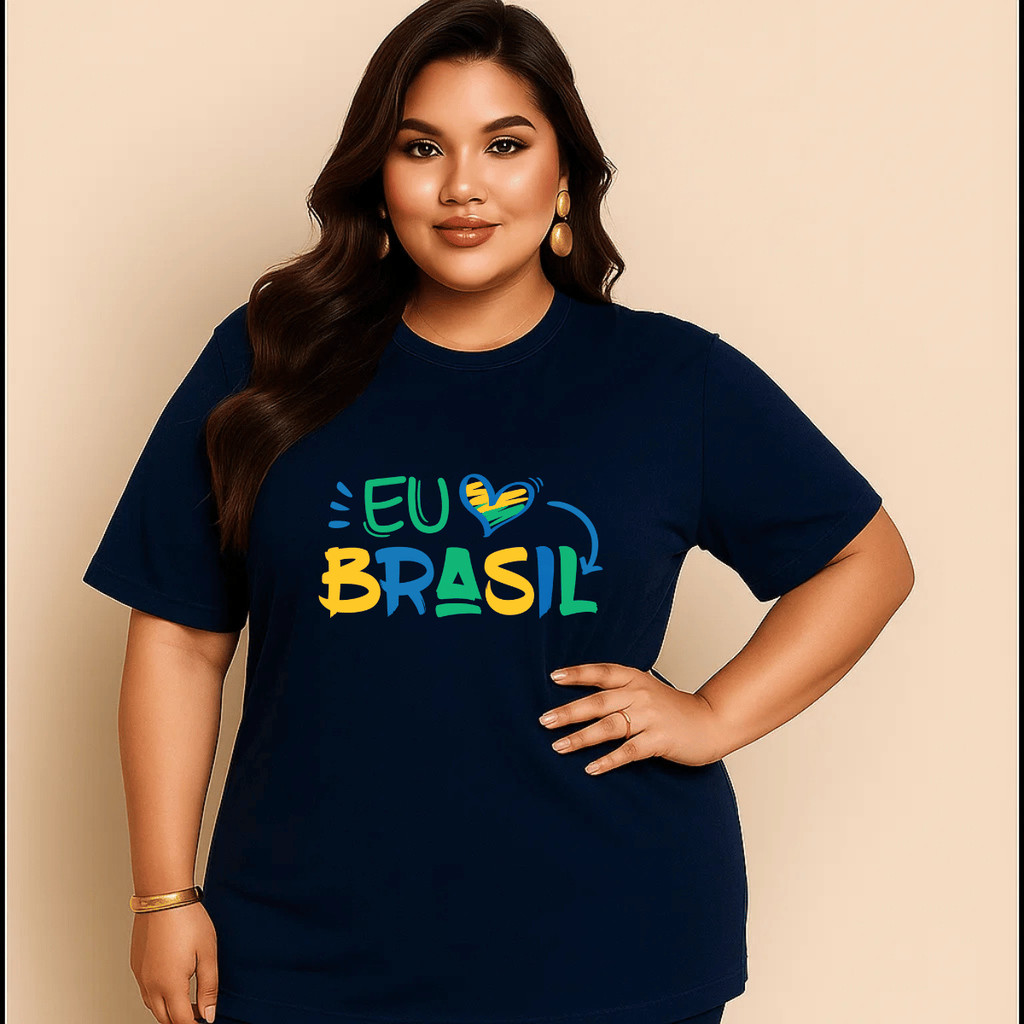 Camiseta Plus Size Feminina Estampada Eu amo Brasil Do P Ao G5 Academia Treino 100% Algodão Premium Verão