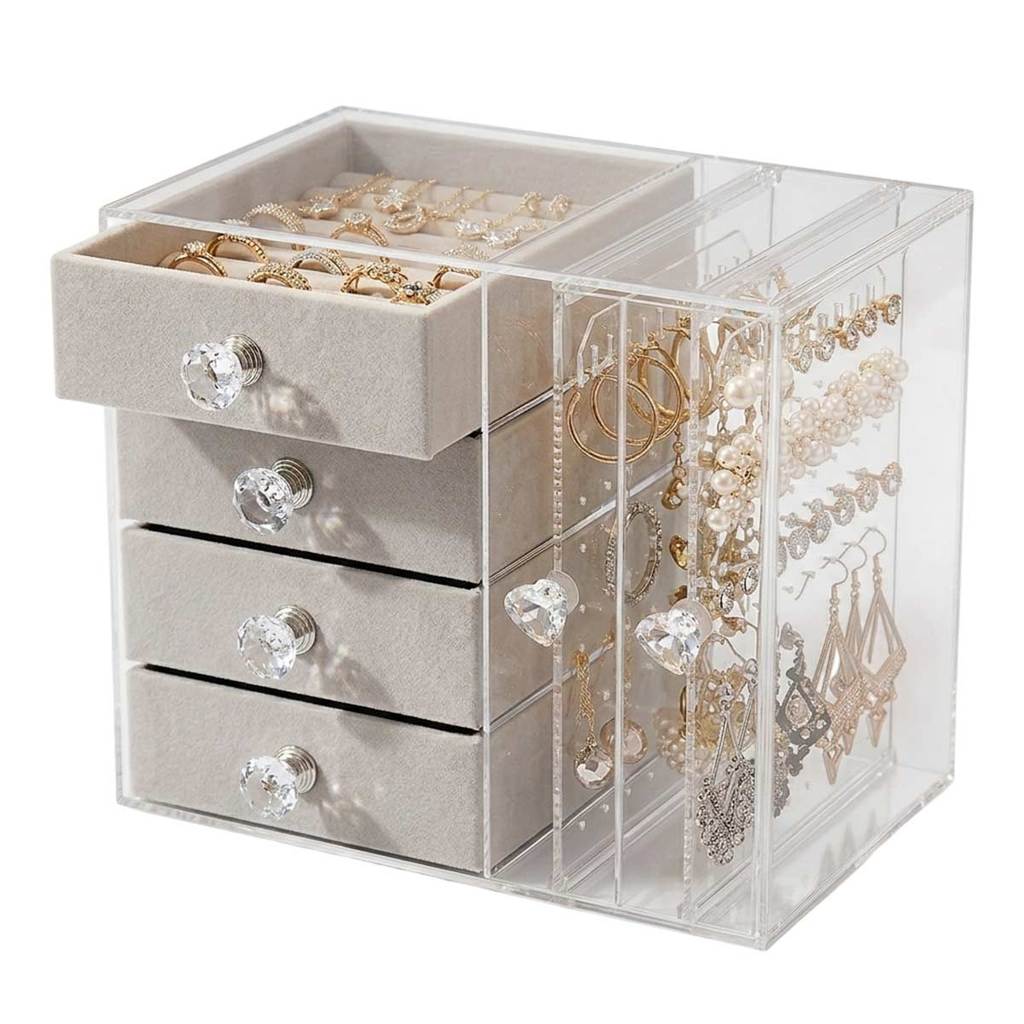 Porta Joia Acrilico Caixa Organizadora 4 Gaveta Expositor Bijuteria Anel Brinco Pulseira Colar Cristal Luxo