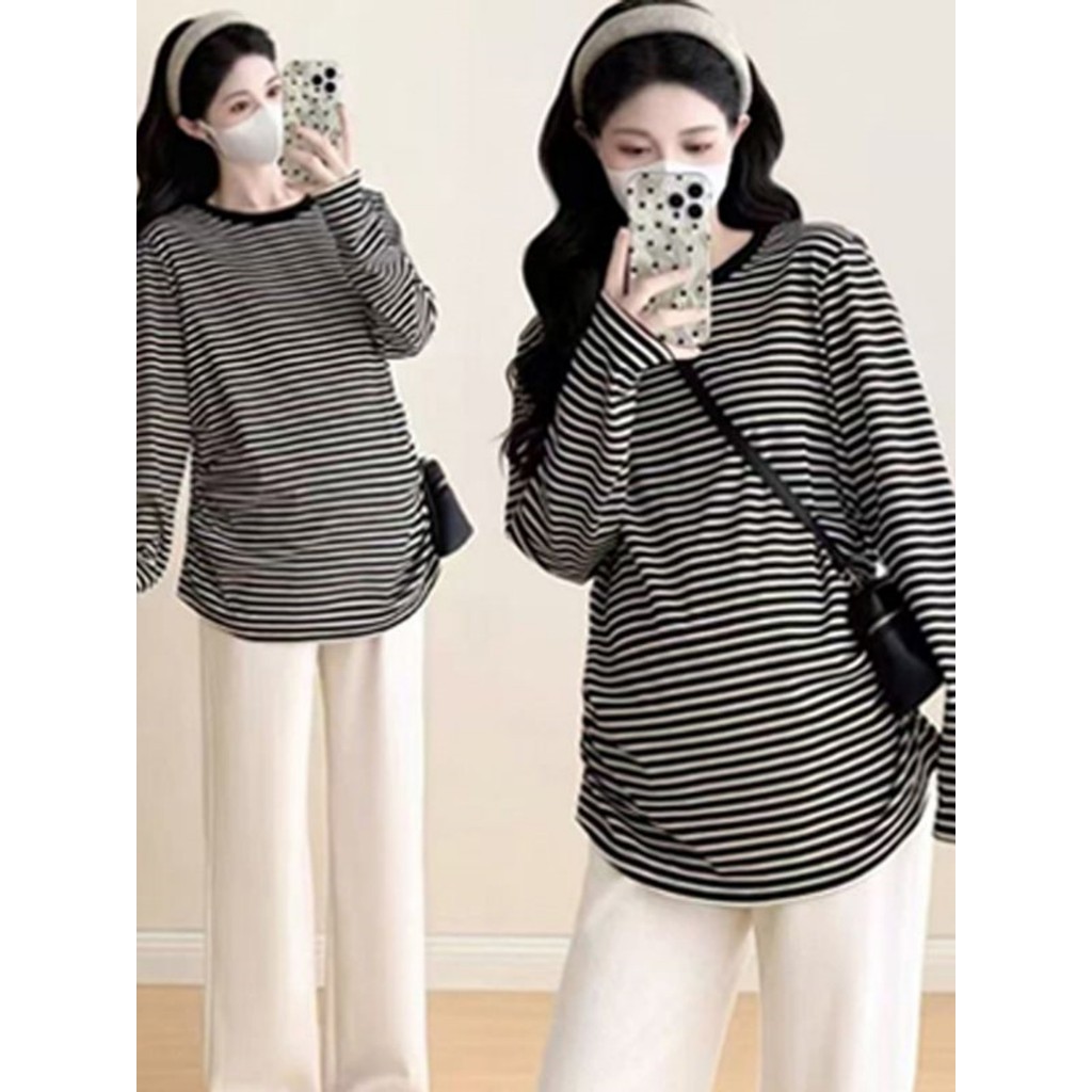 Mulheres grávidas primavera outono roupas ins manga comprida tamanho grande listrado camiseta feminina inverno coreano c