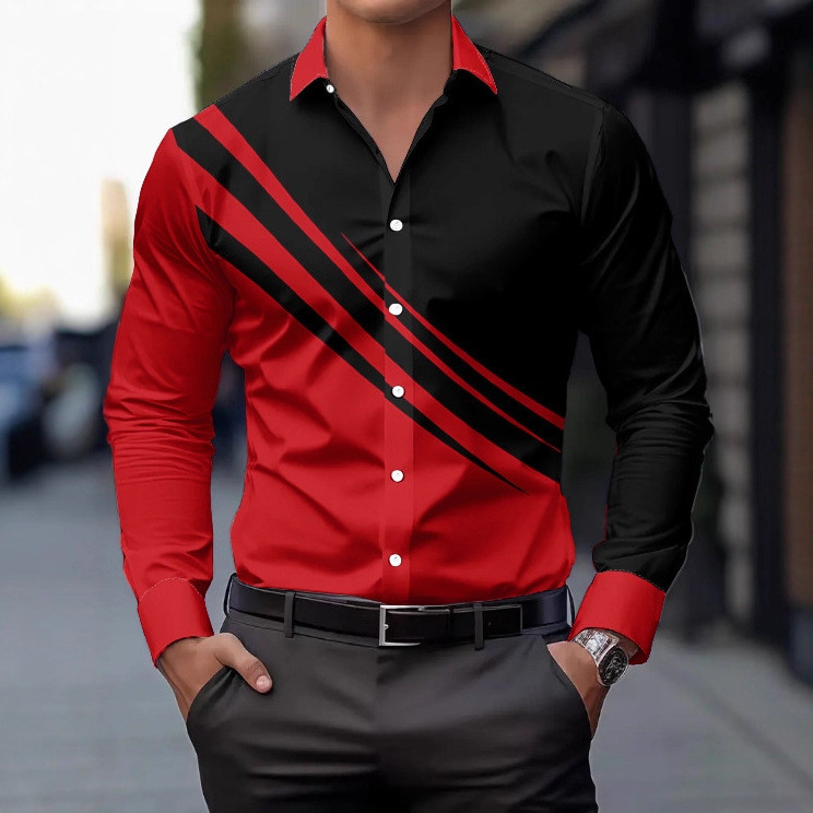 Camisa masculina de manga comprida camisa Casual lapela botão cor-bloqueando camisa Slim fit