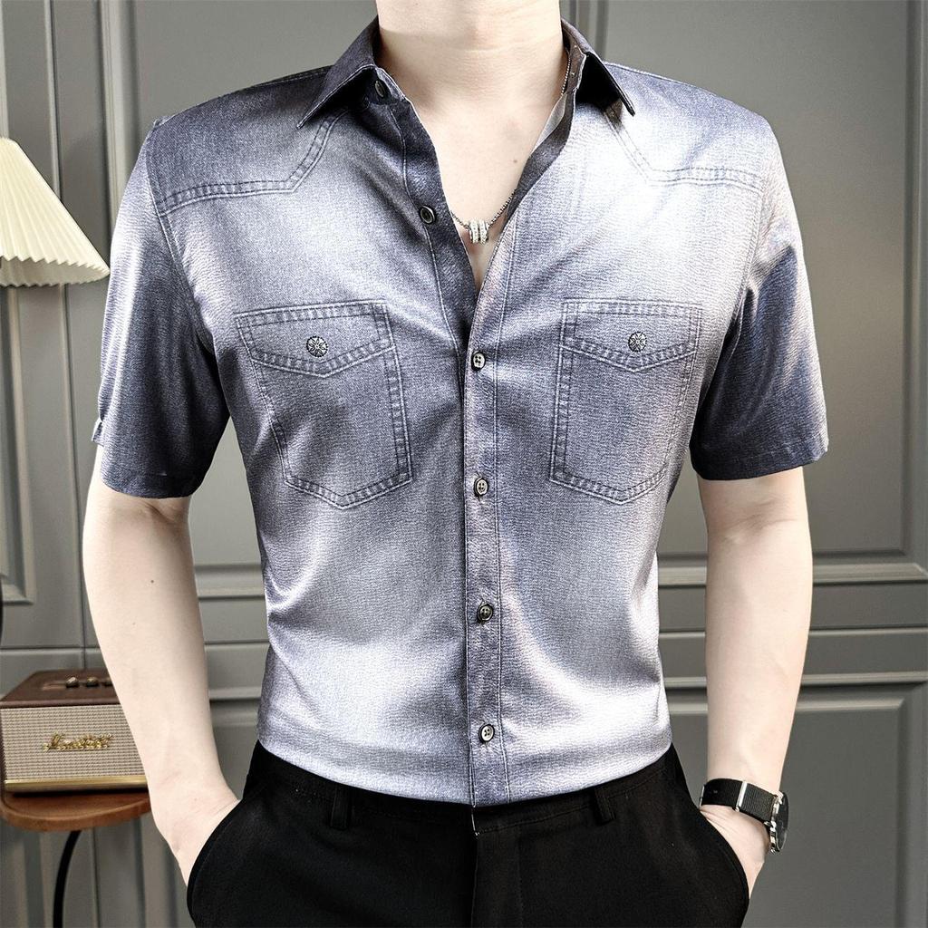 [Novo produto] Camisa jeans masculina de manga curta Designer de verão roupas masculinas camisa estampada de alta qualid