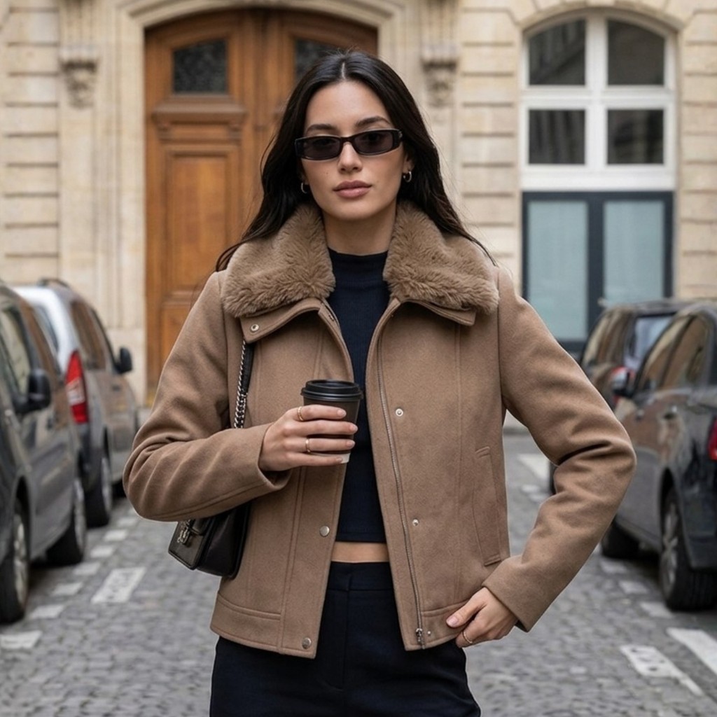 Casaco Feminino Lã Batida Blusa Jaqueta De Frio Inverno Gola Pelinho Elegante Luxo Jaqueta Cropped