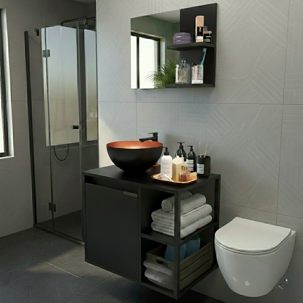 Combo Completo Gabinete de Banheiro Compacto com Cuba e Espelho Preto ou Branco