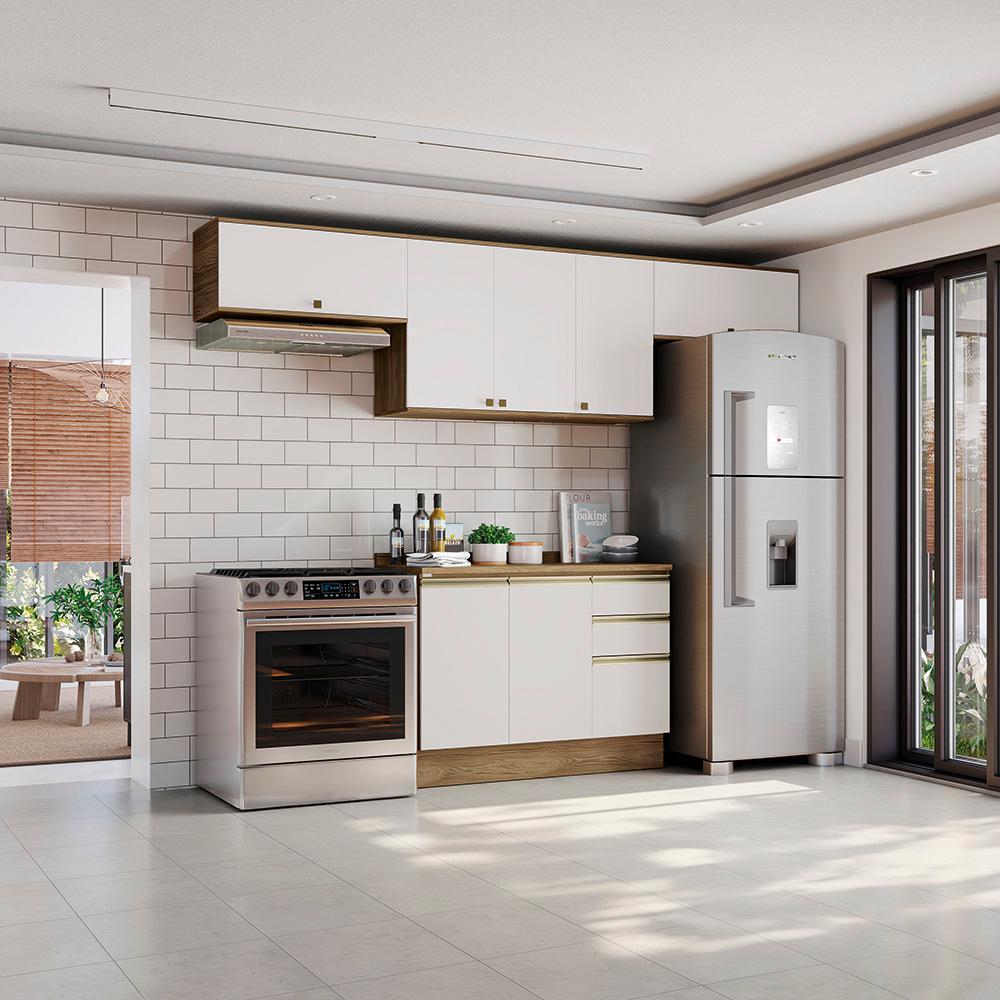 Armário de Cozinha Completa 100% MDF 280cm Nogueira/Branco Celeste Kappesberg