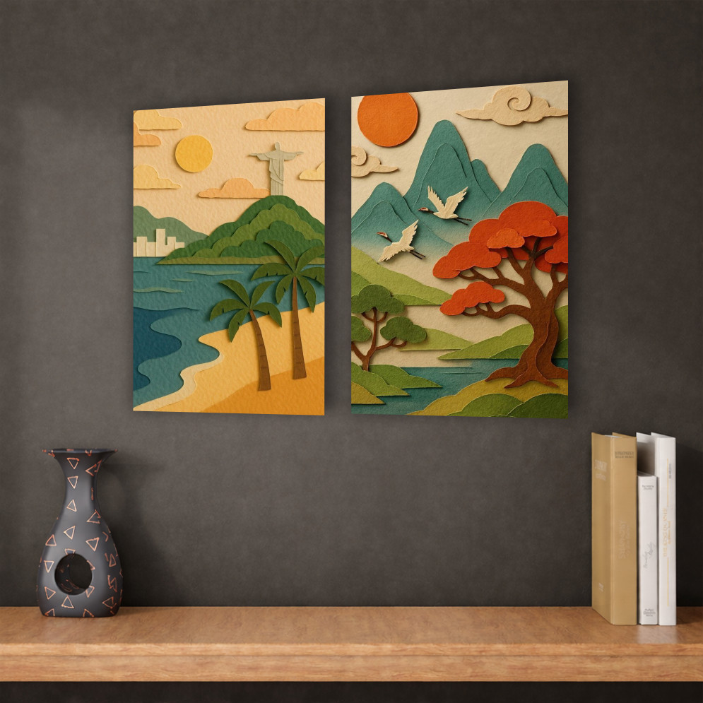 Kit 2 Quadros Decorativos Rio De Janeiro Rj Paisagem Cristo Redentor Oriental Japonês Ocidental Para Sala Quarto