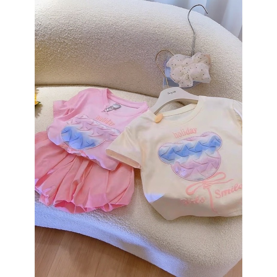 Verão crianças puro algodão moda manga curta camiseta bebê menina remendo tridimensional versão coreana solta meia manga
