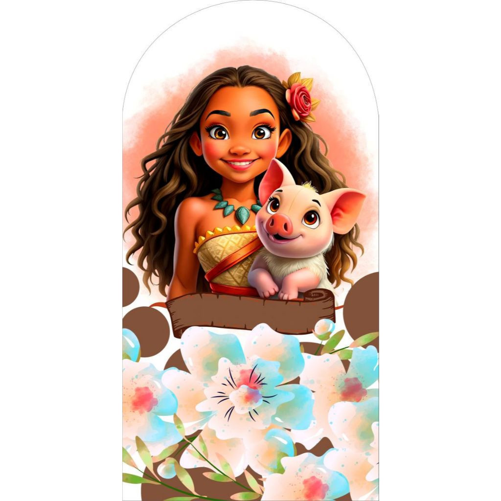 Painel De Festa Moana e Pua Porquinho Romano 2x1m Tecido Sublimado