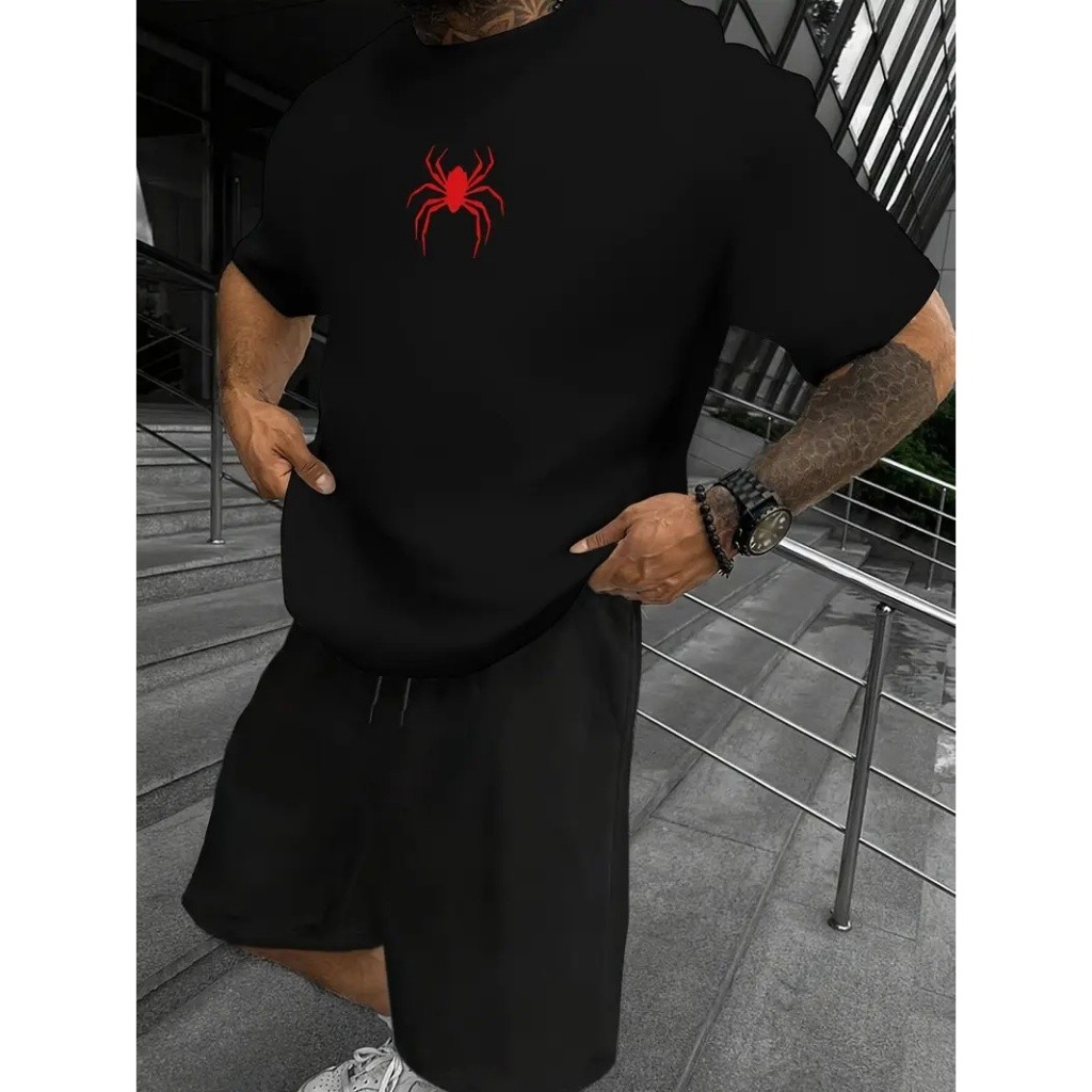 CONJUNTO MASCULINO SHORT TECTEL E CAMISETA BASICA COM ESTAMPA ARANHA