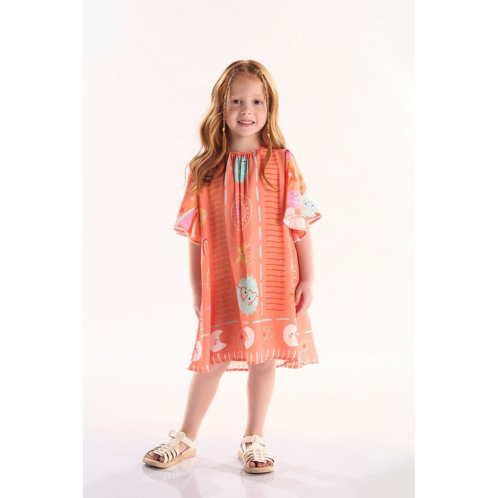 Vestido Infantil Manga Godê em Viscose Interestelar Três e Já