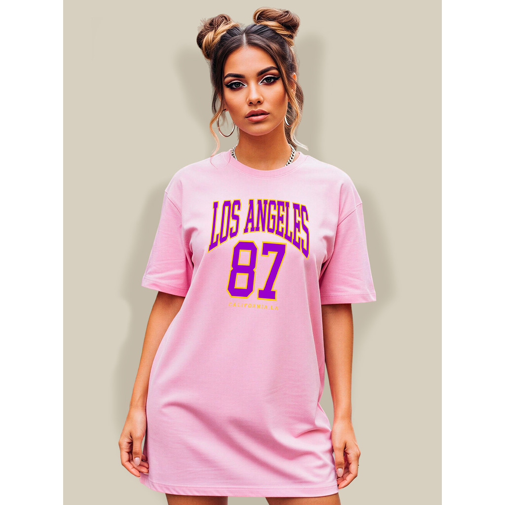 Camiseta de Treino Max T-shirt Feminina Rosa 100% Algodão Gola Canelada Alta Estampa Los Angeles streetwear Academia
