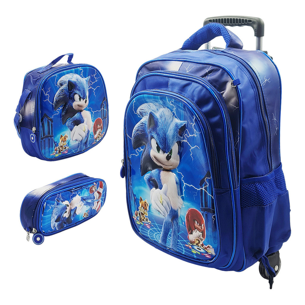 Kit Mochila Rodinhas C/ Estojo Lancheira Escolar 3 Pcs Sonic