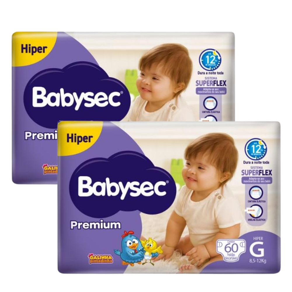 2 Pacotes c/60unidades de Fralda Infantil BabySec Premium Galinha Pintadinha Hiper G- Super Absorção