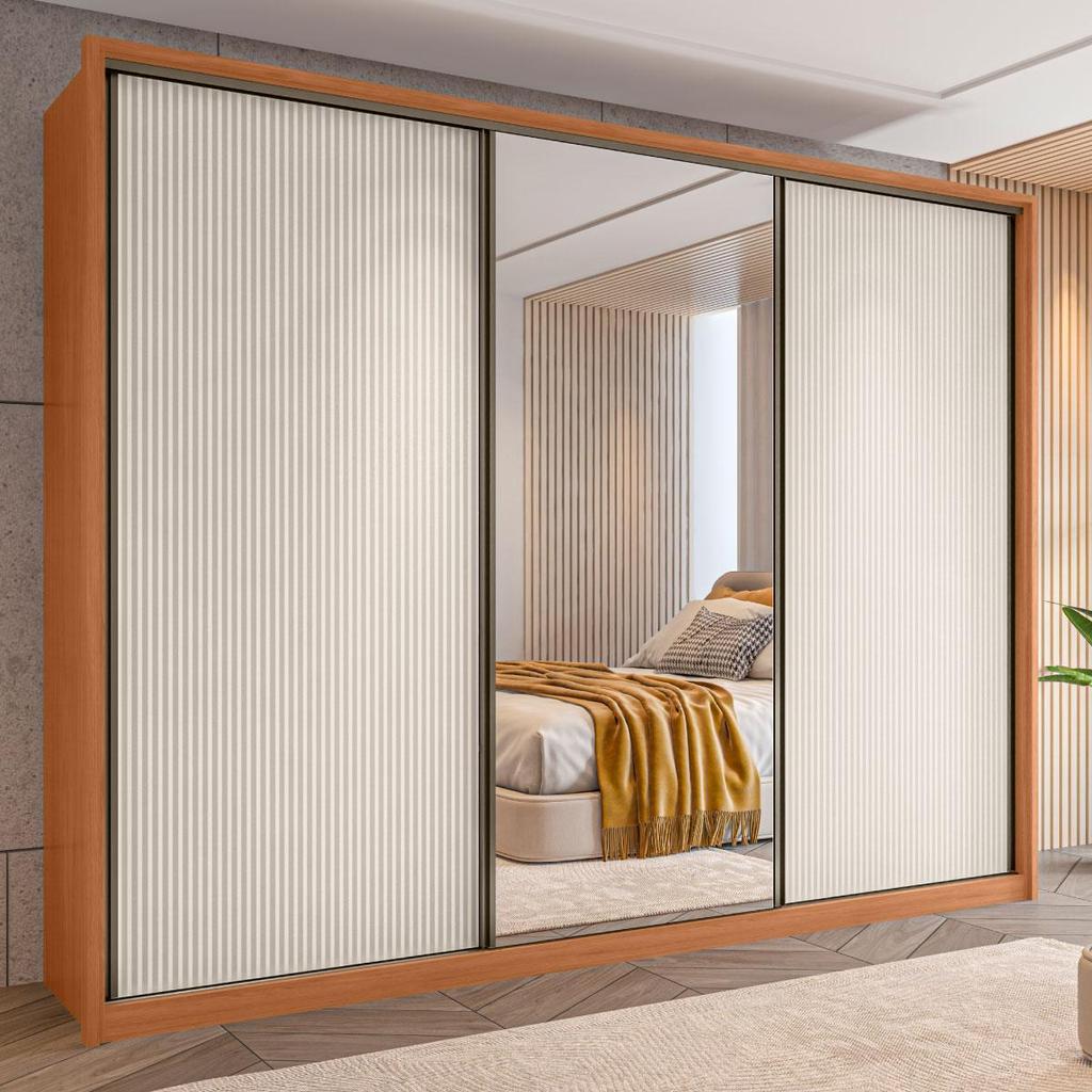 Guarda Roupa Casal 3 Portas com Espelho Bege Amara Caemmun
