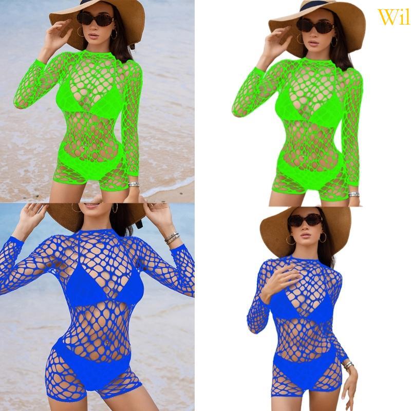 Wil Macacão Feminino Bodycon Transparente Oco Arrastão Comprida Lingerie