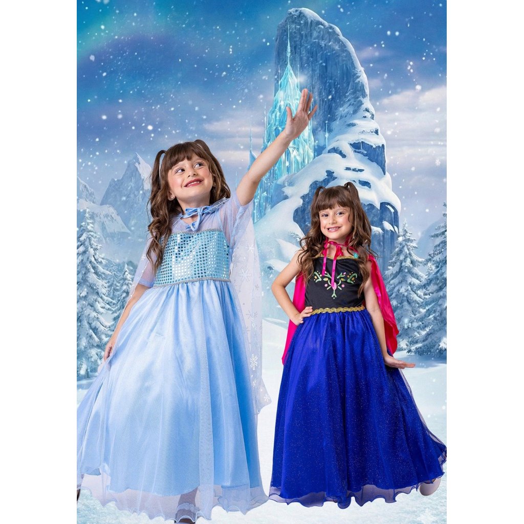 Fantasia Infantil Princesa Elsa Ana Frozen Azul Longa Luxo Tule Glitter Com Capa