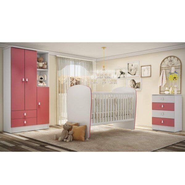 Quarto de Bebê Completo Pimpolho com Guarda-Roupa 3 Portas, Cômoda e Berço Espresso Móveis Branco/Rosa em Oferta na Shopee