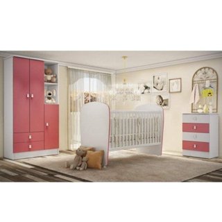 Quarto de Bebê Completo Pimpolho com Guarda-Roupa 3 Portas, Cômoda e Berço Espresso Móveis Branco/Rosa em Oferta na Shopee