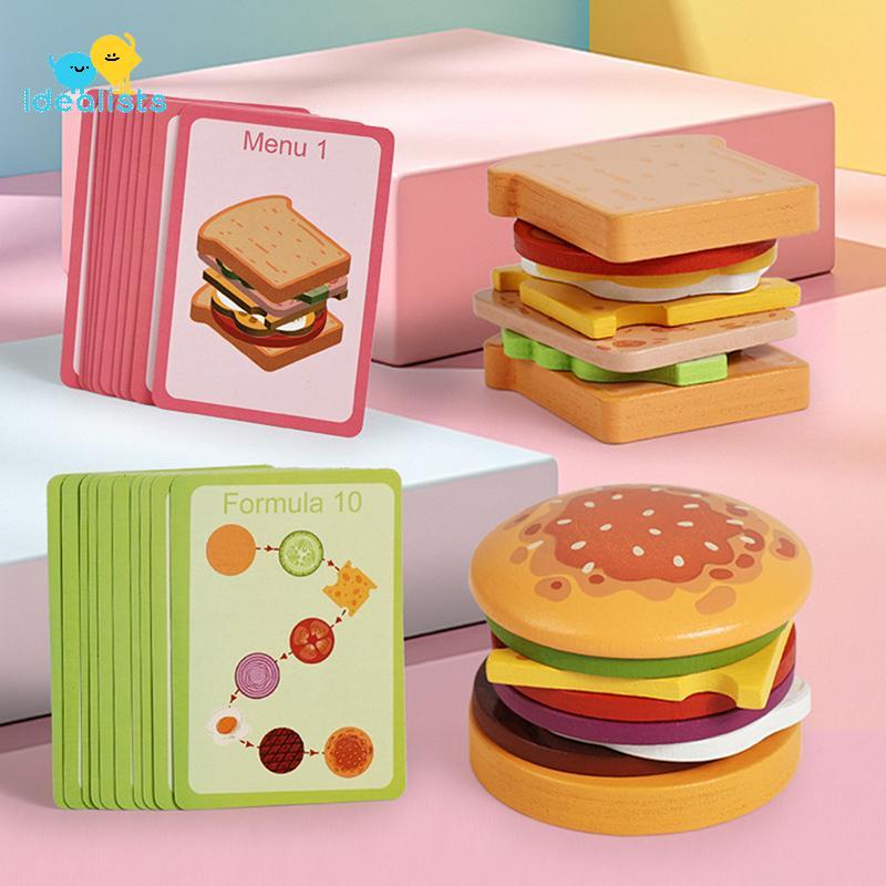 Idealistas De Madeira Hamburgo Sanduíche Empilhamento Brinquedos Para Crianças E Montessori Pré-Escolar Educativos Habil
