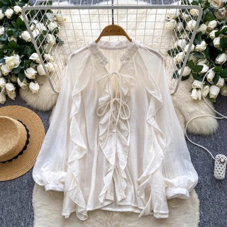 Mulheres Com Decote Em V Rendas Até Babados Lanterna Manga Camisa Primavera Outono Solto Estilo Coreano Elegante Topo