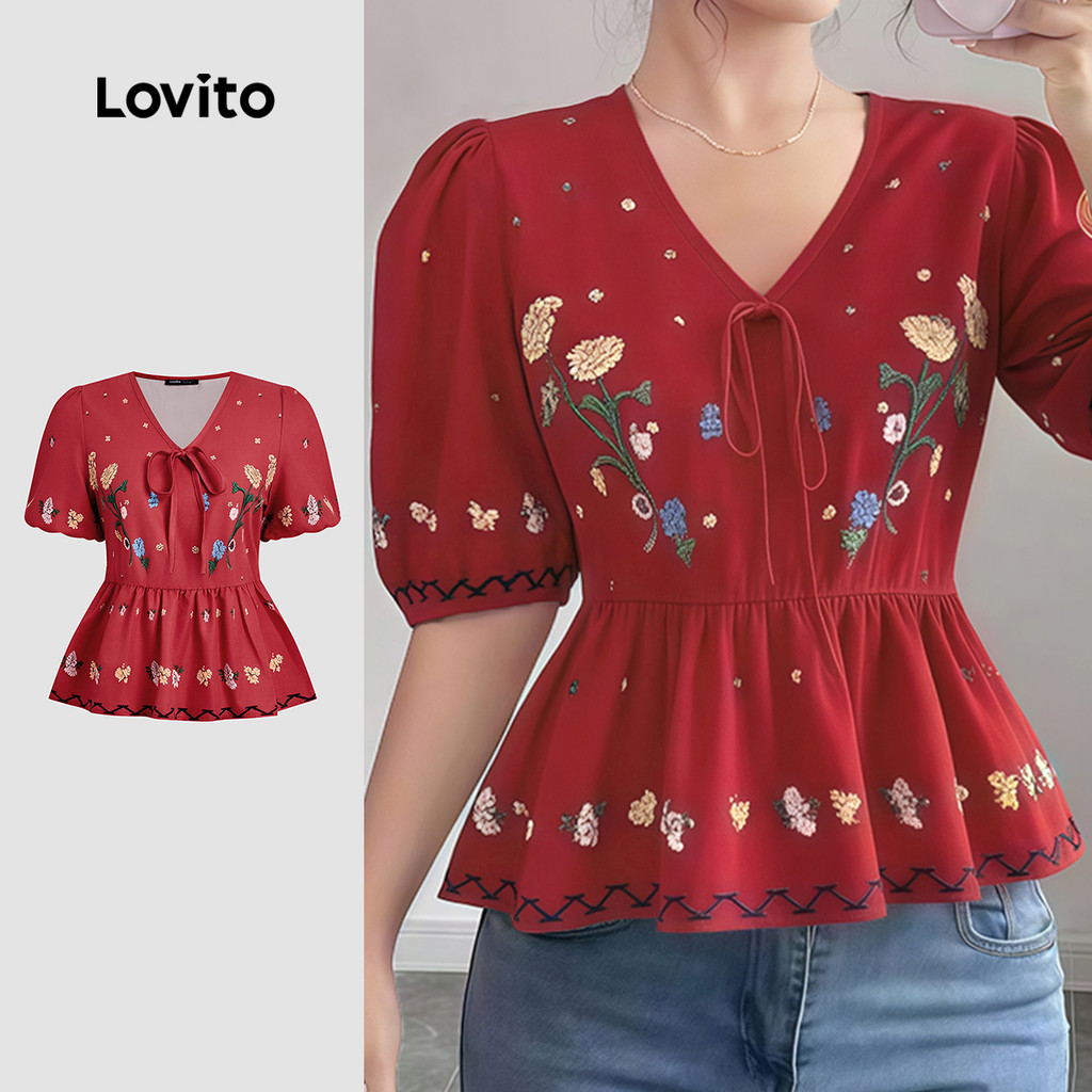 Lovito Blusa Casual de Renda com Amarração Primavera/verão Blusa Vermelha para Mulheres L167LD057 em Oferta na Shopee