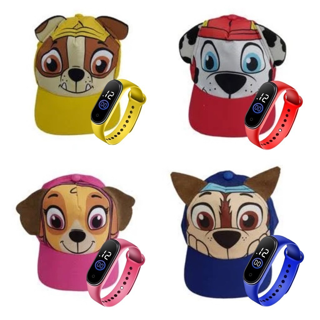Kit Boné Relógio Infantil 3D Chapéu Criança Moda Praia Patrulha Canina Menino Menina Proteção Solar 2-6 Anos