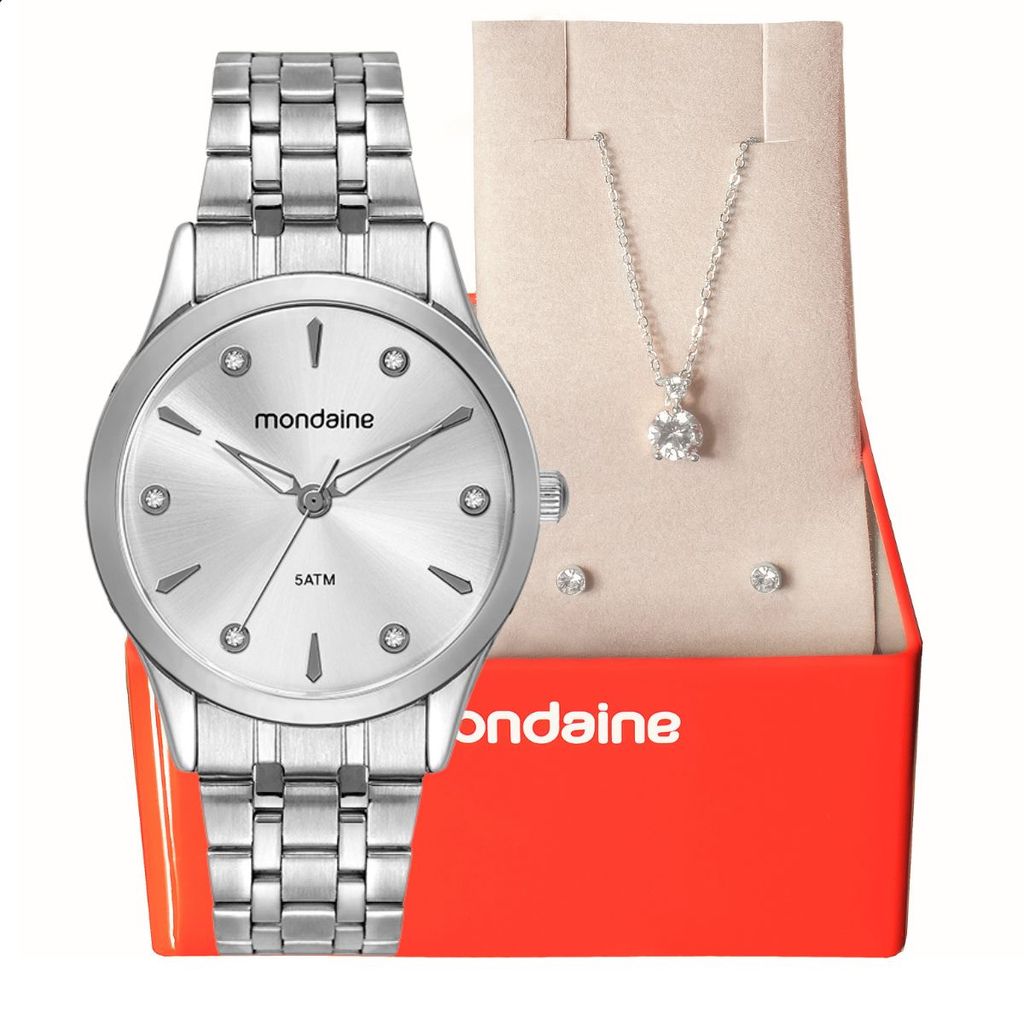 Relógio Feminino Mondaine Prata Pequeno 32610L0MKNE2K1 Original + Conjunto Colar E Brinco