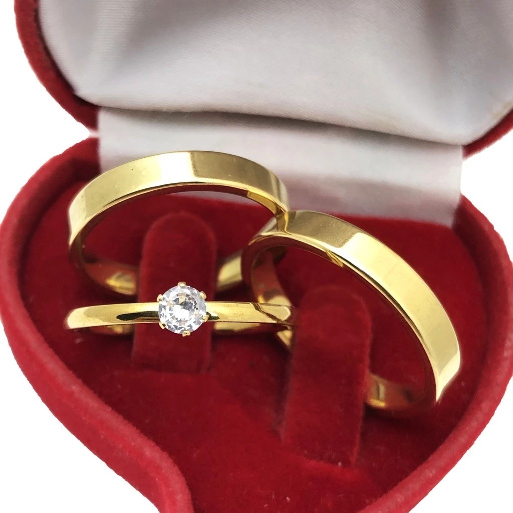 Par Aliança e Anel Solitário 4MM Quadrado Noivado Casamento compromisso 100% em moeda cor de ouro 18k