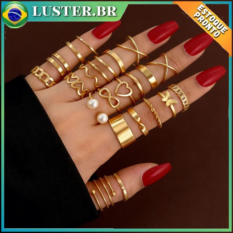 Conjunto Anel Feminino 22 Peças Dourado Vintage Kit Vários Tamanhos Moda em Oferta na Shopee